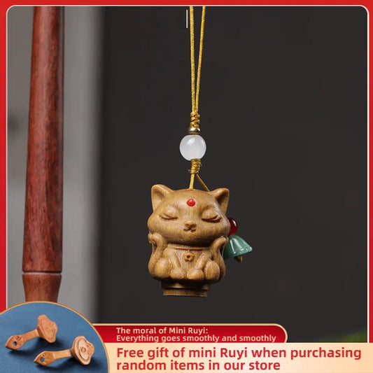 【Amass Fortunes】 Green Sandalwood "Nine-tailed Fox Fairy" Hanging Accessories Car Pendant Carved Wood Decoration Phone Chain