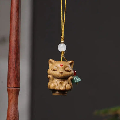 【Amass Fortunes】 Green Sandalwood "Nine-tailed Fox Fairy" Hanging Accessories Car Pendant Carved Wood Decoration Phone Chain