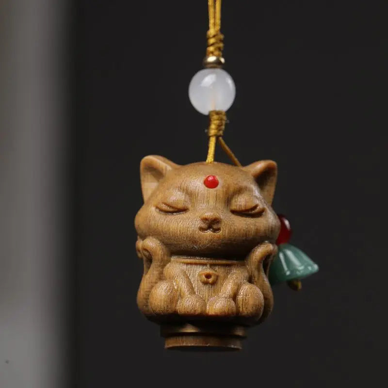 【Amass Fortunes】 Green Sandalwood "Nine-tailed Fox Fairy" Hanging Accessories Car Pendant Carved Wood Decoration Phone Chain