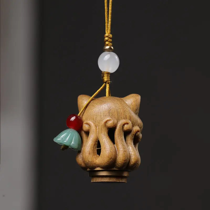 【Amass Fortunes】 Green Sandalwood "Nine-tailed Fox Fairy" Hanging Accessories Car Pendant Carved Wood Decoration Phone Chain