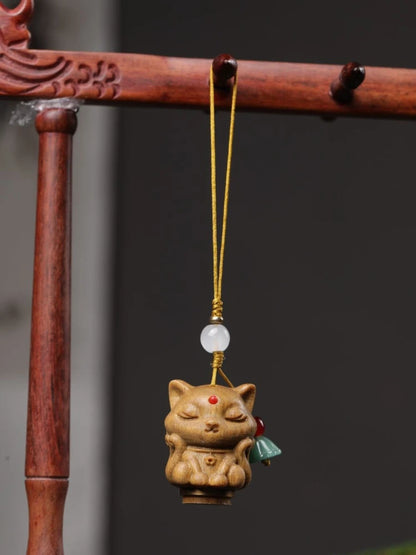 【Amass Fortunes】 Green Sandalwood "Nine-tailed Fox Fairy" Hanging Accessories Car Pendant Carved Wood Decoration Phone Chain