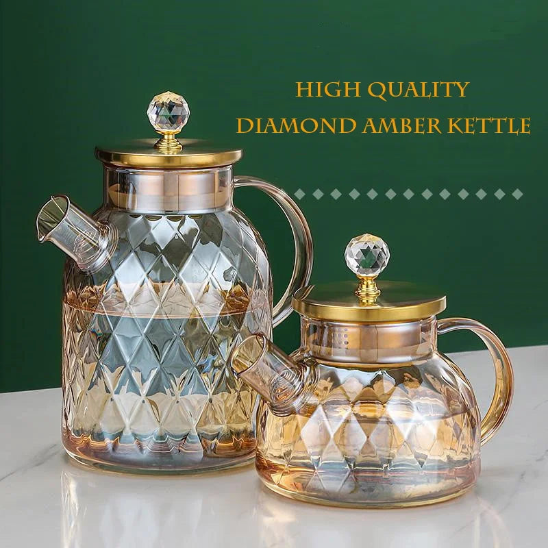 Amber color Diamond Glass Household Kettle Heat-resistant thickened glass household juice flower teapot 1750 ml