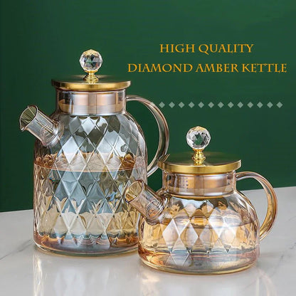Amber color Diamond Glass Household Kettle Heat-resistant thickened glass household juice flower teapot 1750 ml