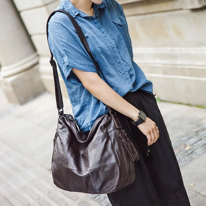 American Fashion Tassel Shoulder Bags Retro Portable Large Capacity Bags Women Y2k Grunge Genuine Leather Crossbody Bag