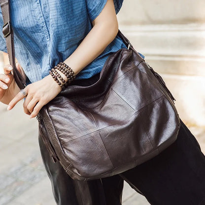 American Fashion Tassel Shoulder Bags Retro Portable Large Capacity Bags Women Y2k Grunge Genuine Leather Crossbody Bag