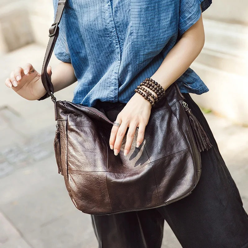 American Fashion Tassel Shoulder Bags Retro Portable Large Capacity Bags Women Y2k Grunge Genuine Leather Crossbody Bag