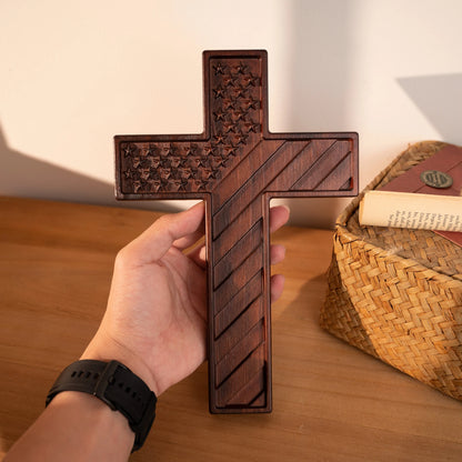 American Flag Cross Independence Day Wooden Cross Hanging Cross Home Office Wall Art Decor Soldier Patriot Engraved Gift