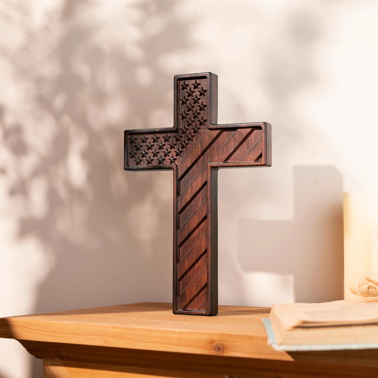 American Flag Cross Independence Day Wooden Cross Hanging Cross Home Office Wall Art Decor Soldier Patriot Engraved Gift