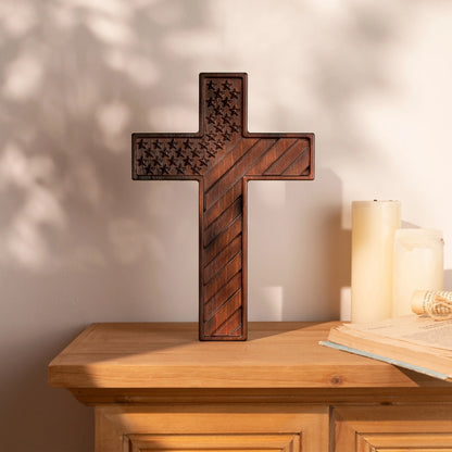 American Flag Cross Independence Day Wooden Cross Hanging Cross Home Office Wall Art Decor Soldier Patriot Engraved Gift