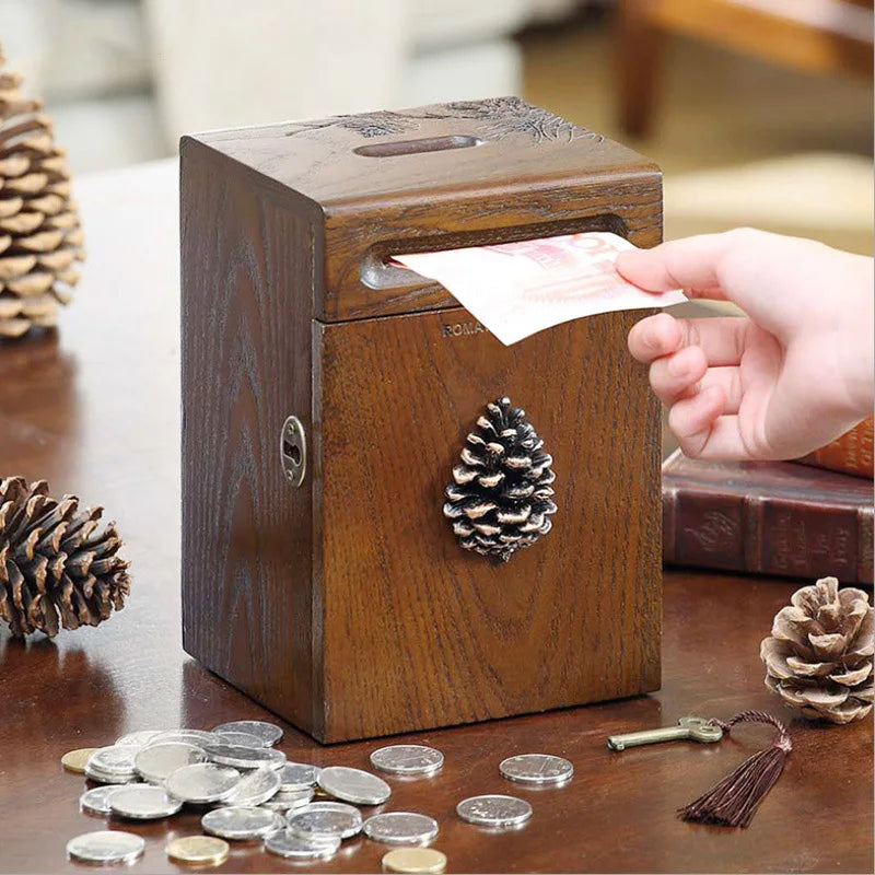 American Style Solid Wood Thickened Piggy Bank， Large Capacity Durable Built-in lock Money -Saving Box High Quality Money Box