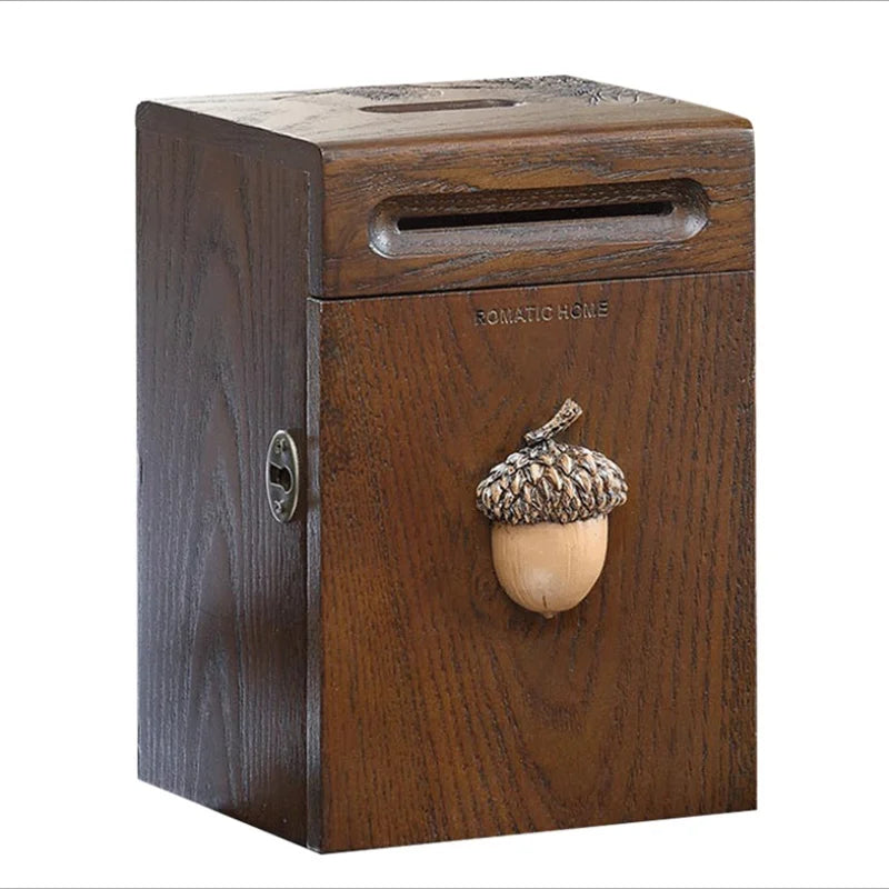 American Style Solid Wood Thickened Piggy Bank， Large Capacity Durable Built-in lock Money -Saving Box High Quality Money Box