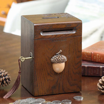 American Style Solid Wood Thickened Piggy Bank， Large Capacity Durable Built-in lock Money -Saving Box High Quality Money Box