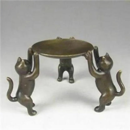 Ancient Asia Chinese Old Bronze Handmade Cat Plate Statue Oil Lamp Candlestick