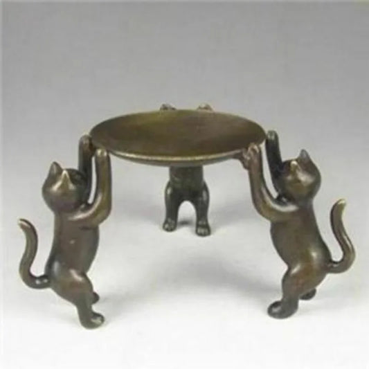 Ancient Asia Chinese Old Bronze Handmade Cat Plate Statue Oil Lamp Candlestick
