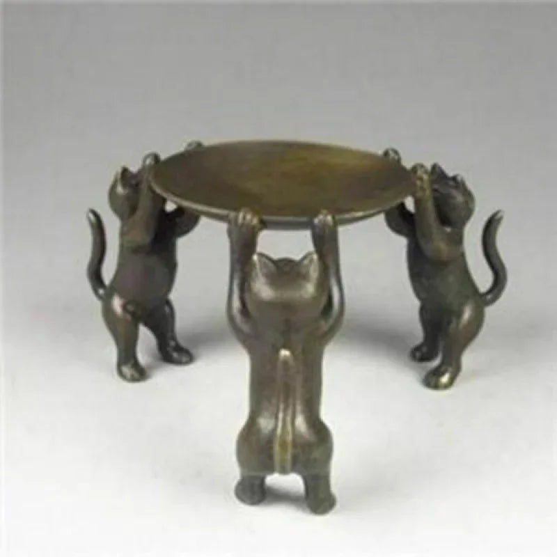 Ancient Asia Chinese Old Bronze Handmade Cat Plate Statue Oil Lamp Candlestick