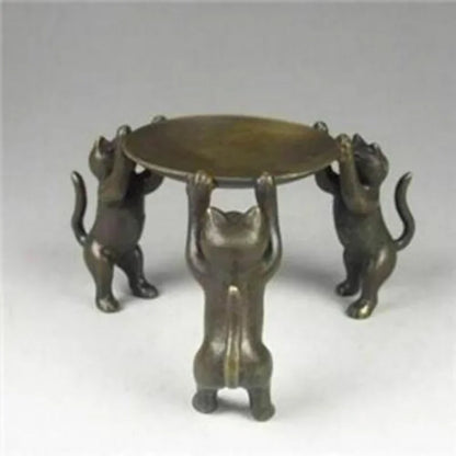 Ancient Asia Chinese Old Bronze Handmade Cat Plate Statue Oil Lamp Candlestick