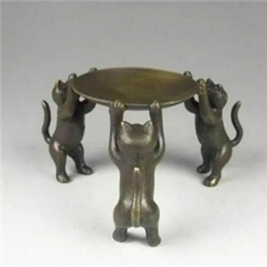 Ancient Asia Chinese Old Bronze Handmade Cat Plate Statue Oil Lamp Candlestick