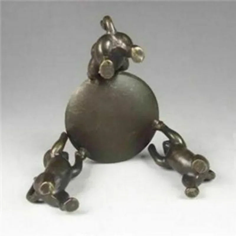 Ancient Asia Chinese Old Bronze Handmade Cat Plate Statue Oil Lamp Candlestick