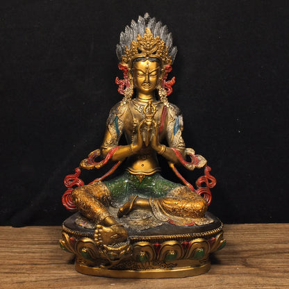 Ancient China Refined Pure Copper Painted Buddhism Green Tara Bodhisattva Buddha Statue