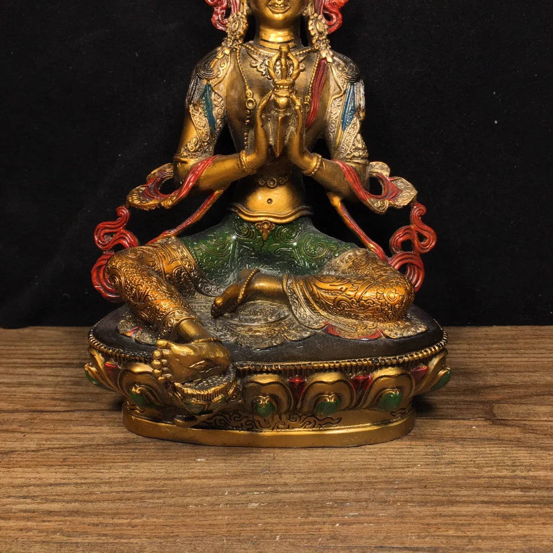 Ancient China Refined Pure Copper Painted Buddhism Green Tara Bodhisattva Buddha Statue