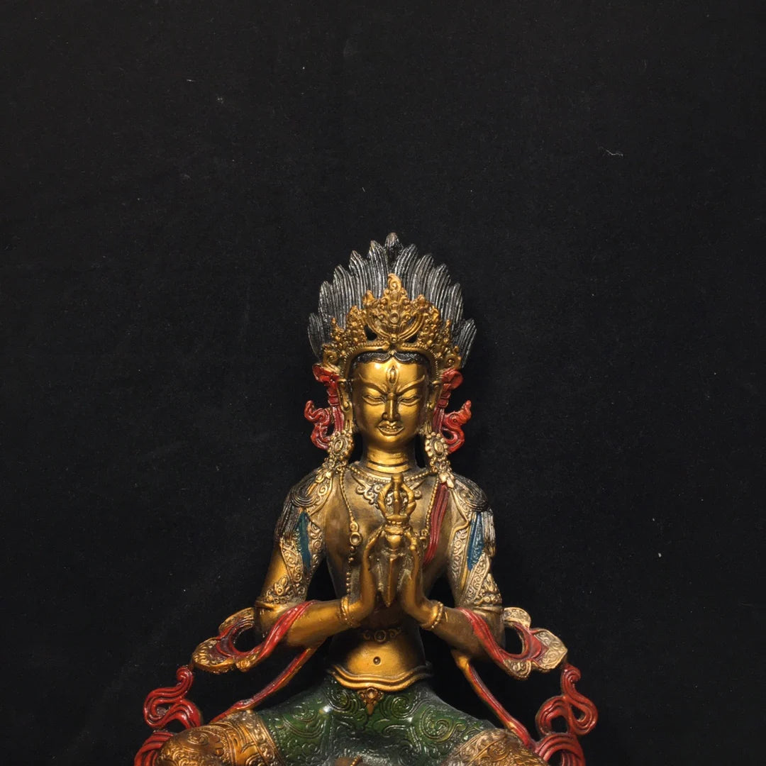 Ancient China Refined Pure Copper Painted Buddhism Green Tara Bodhisattva Buddha Statue