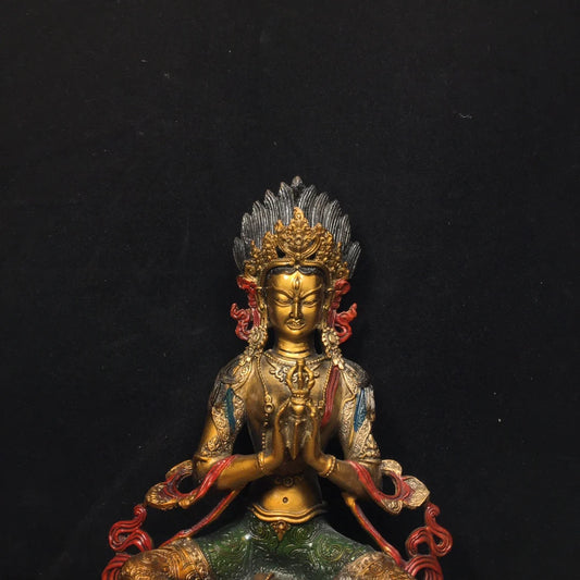 Ancient China Refined Pure Copper Painted Buddhism Green Tara Bodhisattva Buddha Statue
