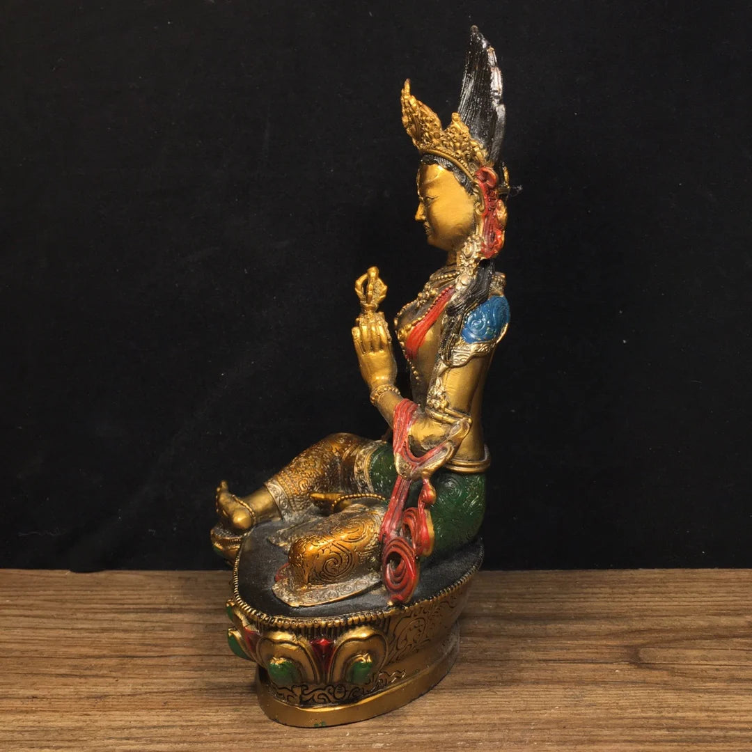 Ancient China Refined Pure Copper Painted Buddhism Green Tara Bodhisattva Buddha Statue