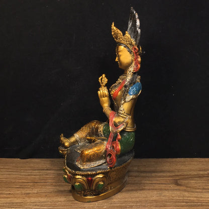 Ancient China Refined Pure Copper Painted Buddhism Green Tara Bodhisattva Buddha Statue