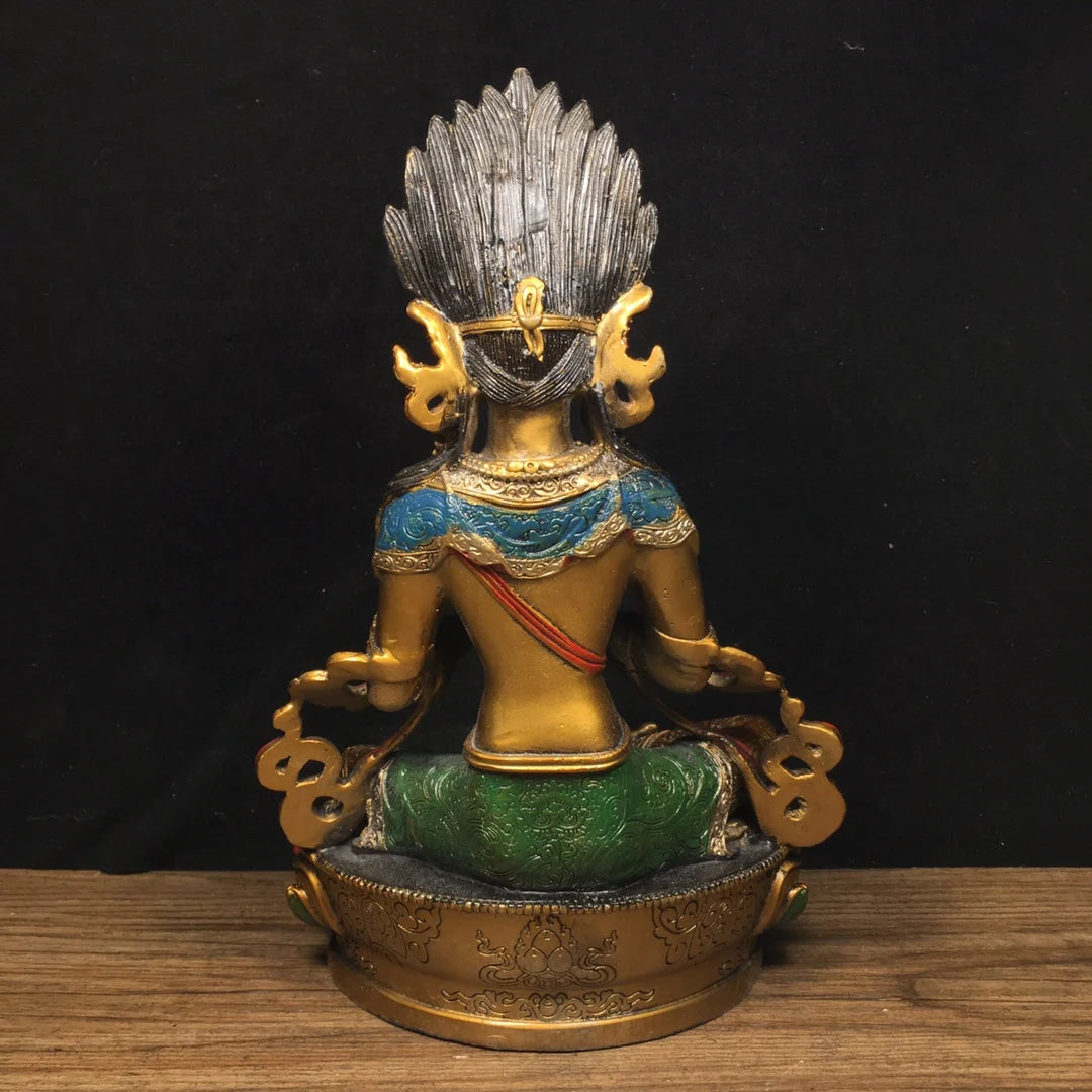 Ancient China Refined Pure Copper Painted Buddhism Green Tara Bodhisattva Buddha Statue