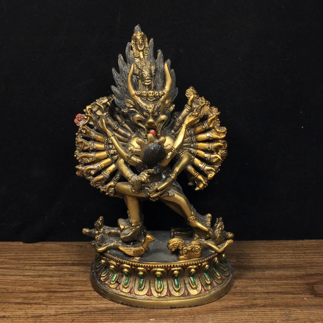 Ancient China Refined Pure Copper Painted Carved Buddhism Yamantaka Statue