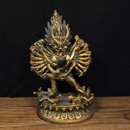 Ancient China Refined Pure Copper Painted Carved Buddhism Yamantaka Statue