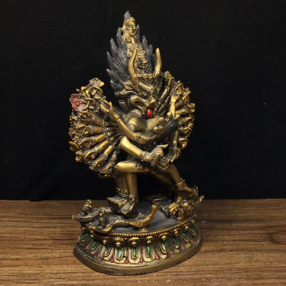 Ancient China Refined Pure Copper Painted Carved Buddhism Yamantaka Statue