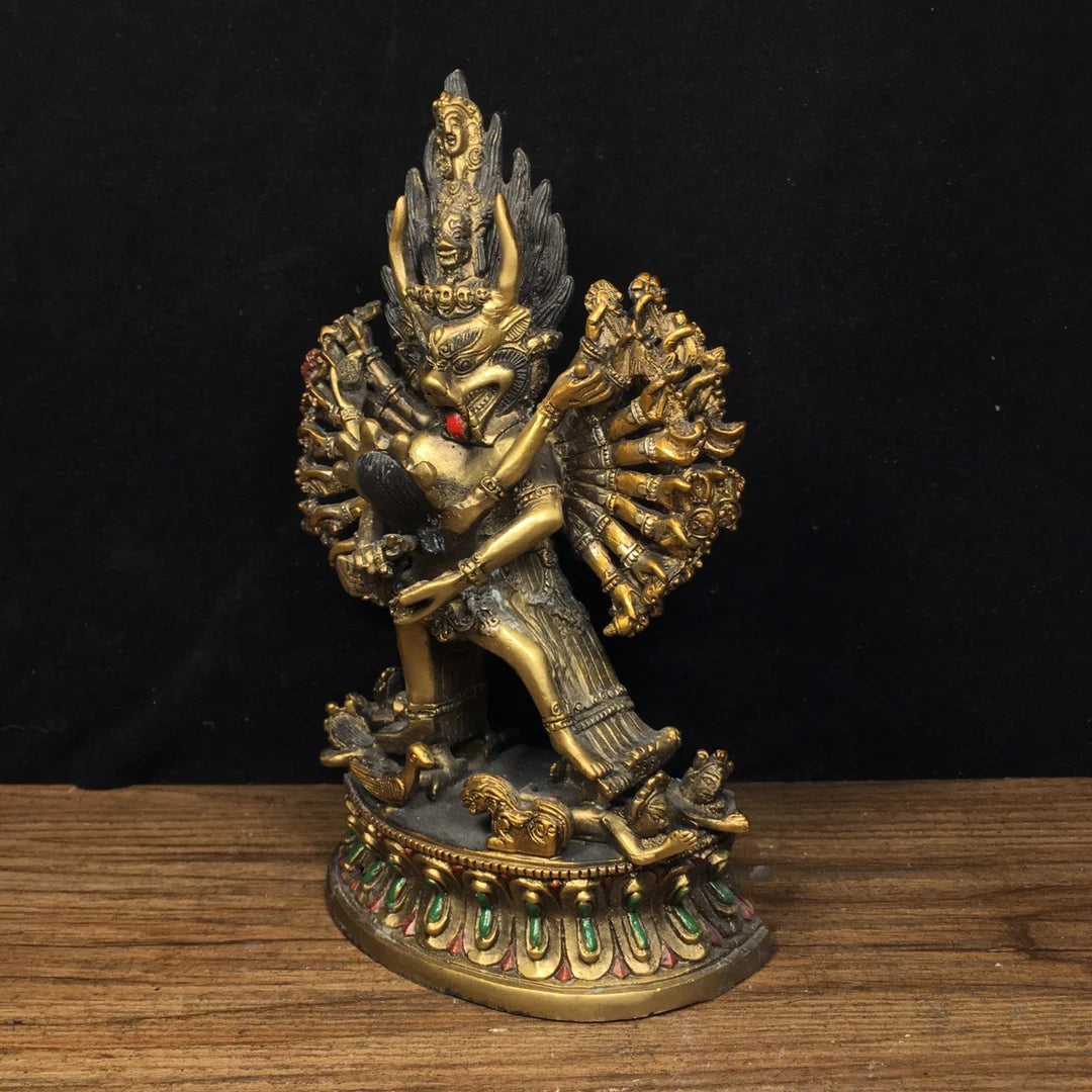 Ancient China Refined Pure Copper Painted Carved Buddhism Yamantaka Statue