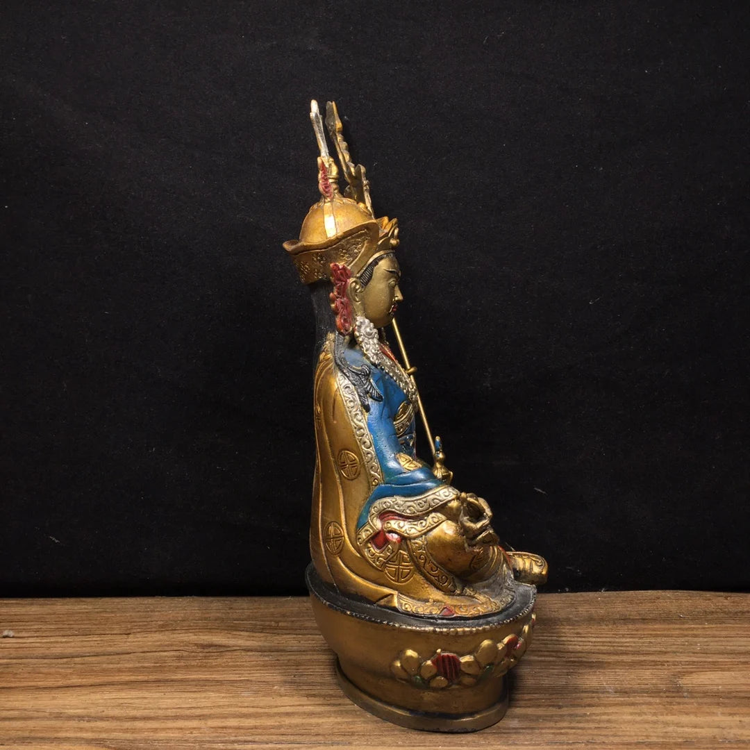 Ancient China Refined Pure Copper Painted Guru Rinpoche Padmasambhava Buddha Statue