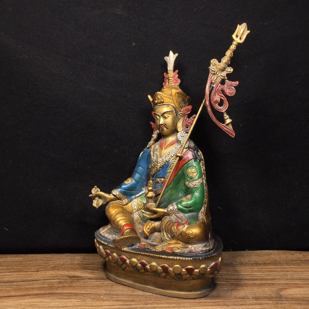 Ancient China Refined Pure Copper Painted Guru Rinpoche Padmasambhava Buddha Statue