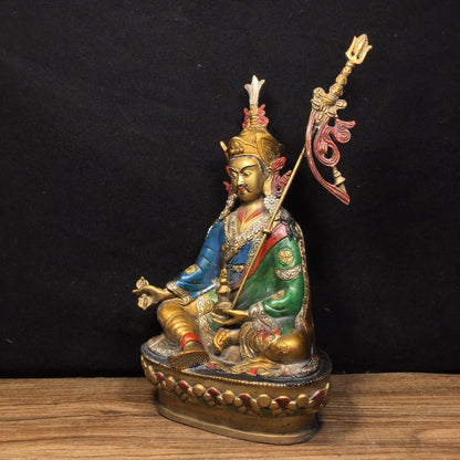 Ancient China Refined Pure Copper Painted Guru Rinpoche Padmasambhava Buddha Statue