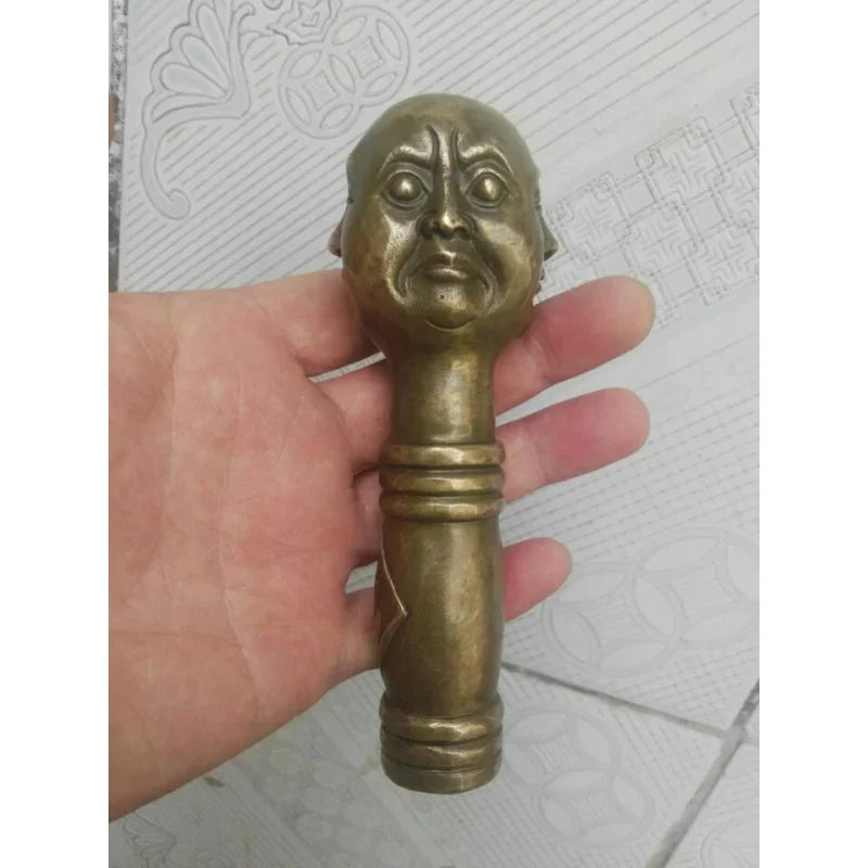 Ancient Chinese Bronze Hand Carved 4 Face Buddha Statue Cane Head