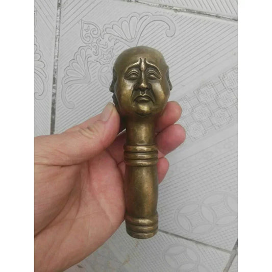 Ancient Chinese Bronze Hand Carved 4 Face Buddha Statue Cane Head