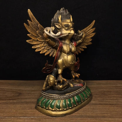 Ancient Nepalese Tibetan Pure Copper Painted Ornament of Dapeng Golden Winged Bird Buddha Statue