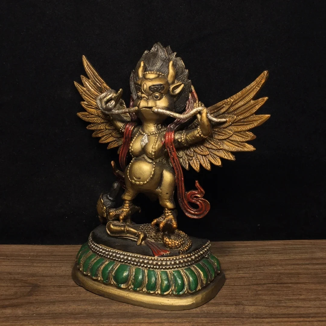 Ancient Nepalese Tibetan Pure Copper Painted Ornament of Dapeng Golden Winged Bird Buddha Statue