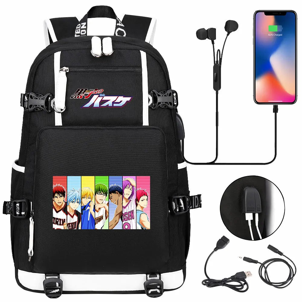 Anime Kuroko's Basketball Prints USB Boy Girl Kids Book Bag Large Capacity Teenagers Schoolbags Women Men Laptop Travel Backpack