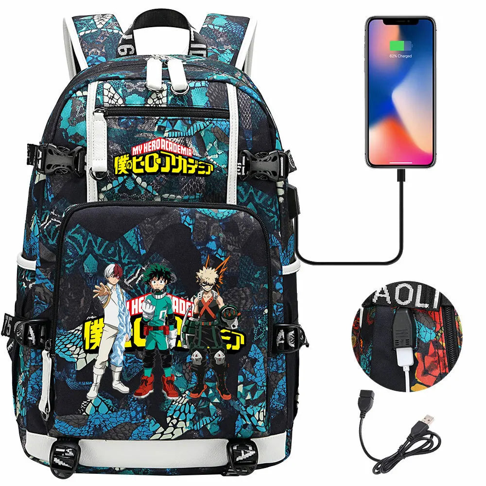 Anime My Hero Academia USB Boy Girl Kids Book School Bags Large Capacity Teenagers Schoolbags Women Men Travel Laptop Backpack