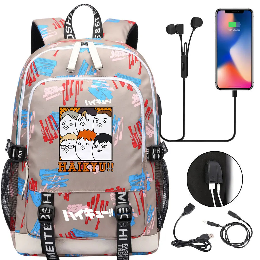 Anime Volleyball Juvenile Teenager USB Charging Laptop Backpack Women Men Rucksack Kids School Book Bag Mochila Travel Bagpack