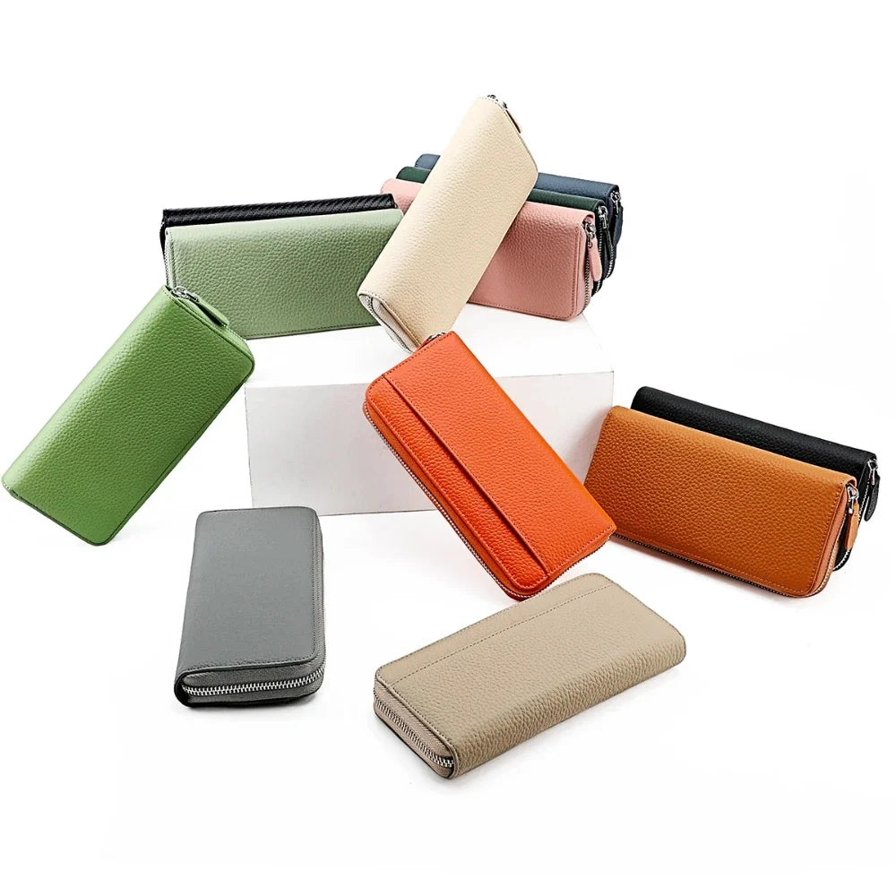 Anti Theft Brush Genuine Leather Ladies Long Purse Card RFID Hand Bag Zipper Wallet