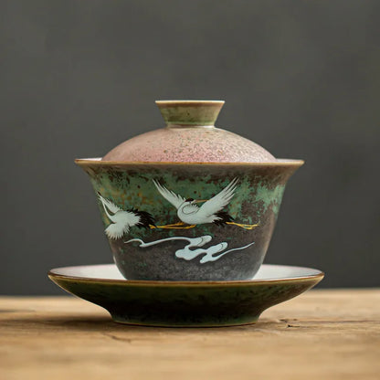 Anti-scald Large Ceramic Retro Tea Cover Bowl with Lid, Sancai Gaiwan Single Tea Bowl, Hand Painted Shining Crane Cover Bowl