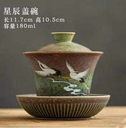 Anti-scald Large Ceramic Retro Tea Cover Bowl with Lid, Sancai Gaiwan Single Tea Bowl, Hand Painted Shining Crane Cover Bowl