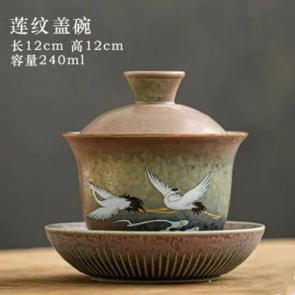 Anti-scald Large Ceramic Retro Tea Cover Bowl with Lid, Sancai Gaiwan Single Tea Bowl, Hand Painted Shining Crane Cover Bowl