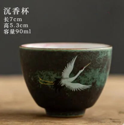 Anti-scald Large Ceramic Retro Tea Cover Bowl with Lid, Sancai Gaiwan Single Tea Bowl, Hand Painted Shining Crane Cover Bowl