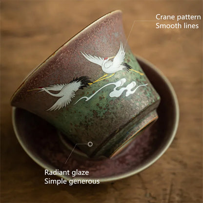 Anti-scald Large Ceramic Retro Tea Cover Bowl with Lid, Sancai Gaiwan Single Tea Bowl, Hand Painted Shining Crane Cover Bowl