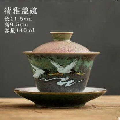 Anti-scald Large Ceramic Retro Tea Cover Bowl with Lid, Sancai Gaiwan Single Tea Bowl, Hand Painted Shining Crane Cover Bowl